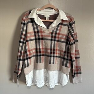 Adrienne Vittadini Plaid Sweater White Shirt Layer Top Size XL Preppy Academia